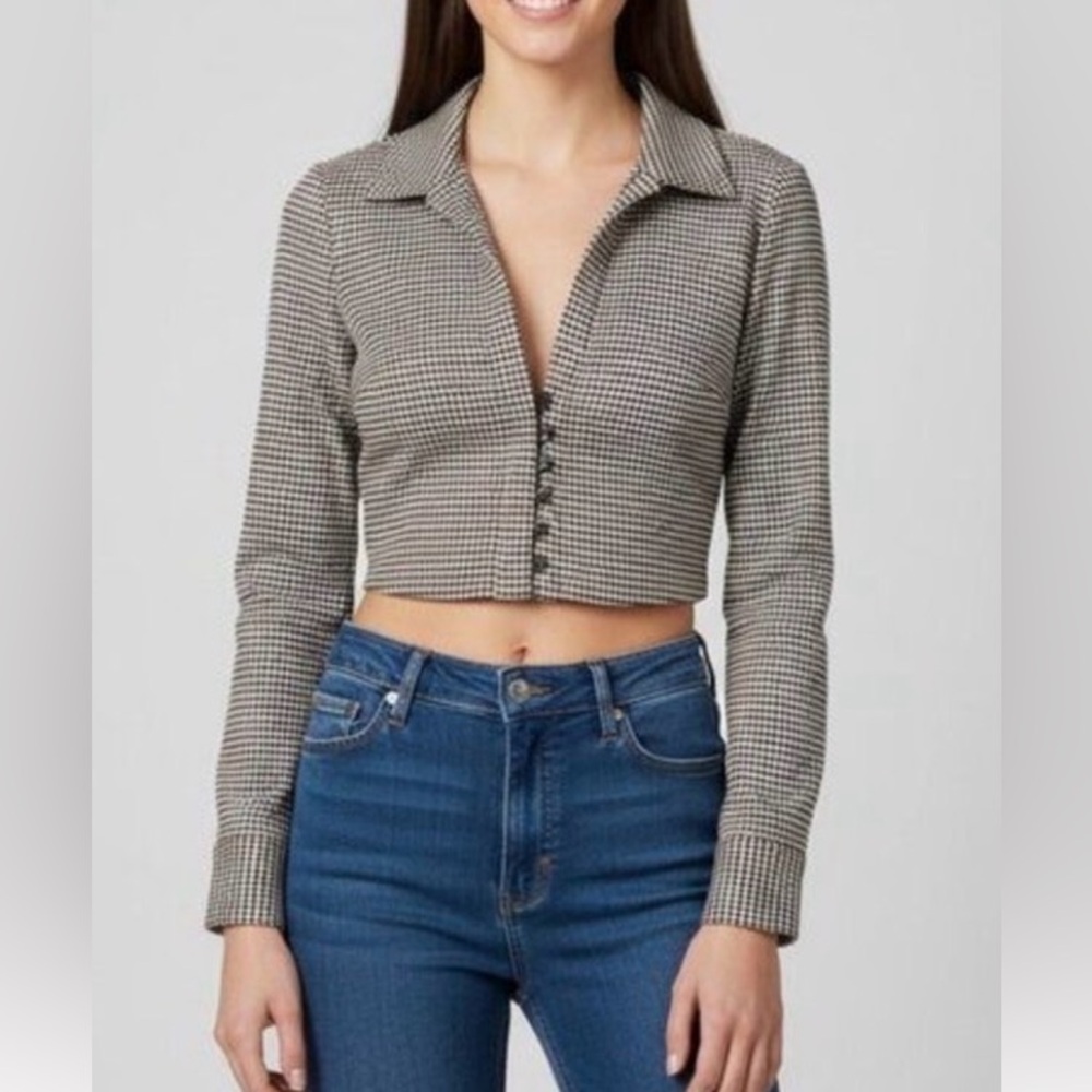 Zara houndstooth button-up cropped jacket, blazer, top sz xxl black & cream/tan